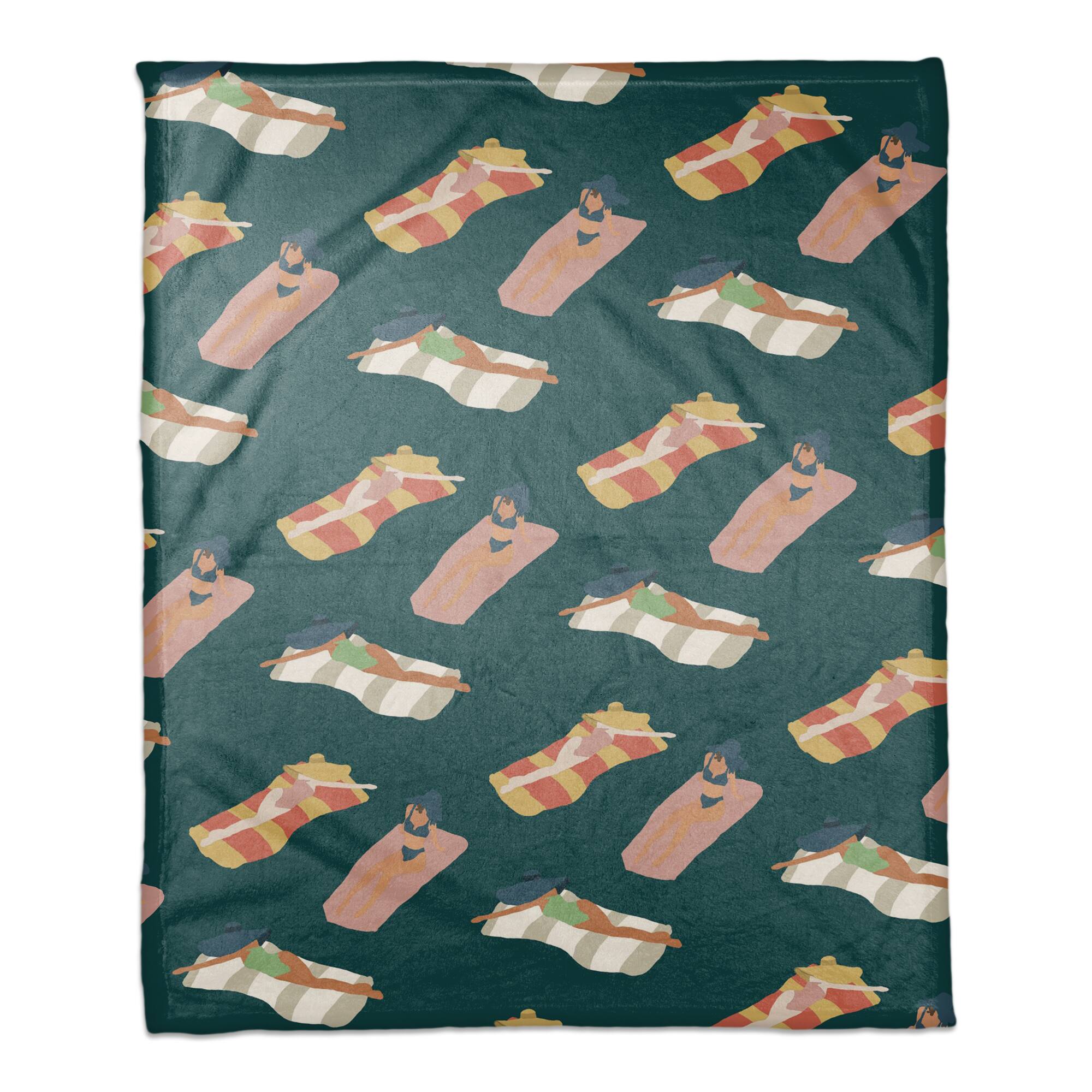 Navy Sun Bathers Pattern Coral Fleece Blanket